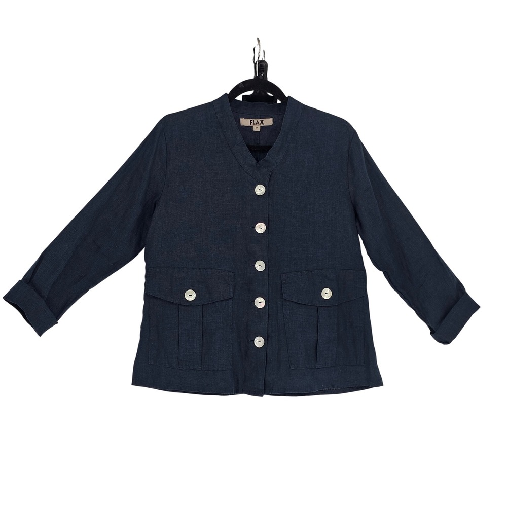 FLAX Linen Button Front Jacket US 6 Dark Navy Lagenlook Boxy Coastal Oversized